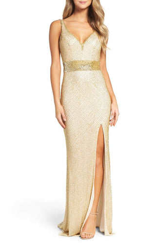 Beaded Mesh Gown Gold