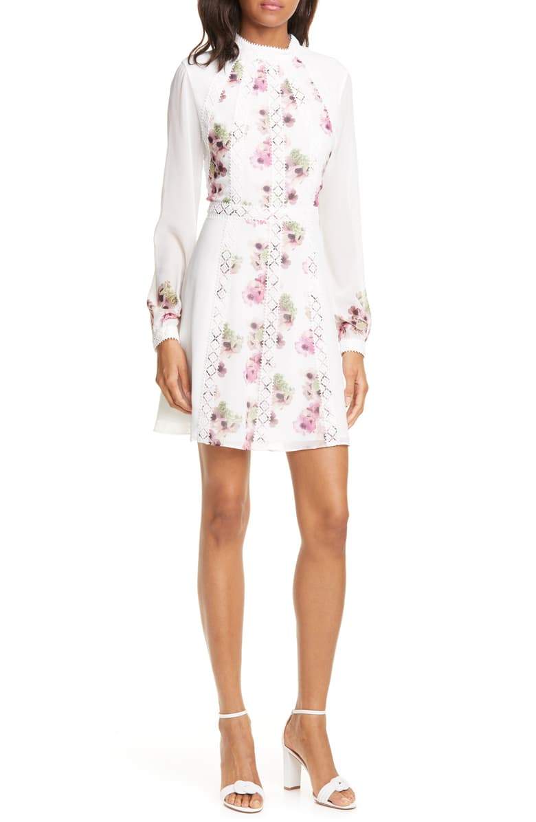 Sundee Floral Lace Trim Long Sleeve Minidress